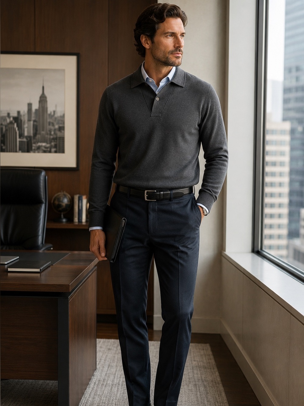 Vince Men’s Double-Face Long Sleeve Polo Gray Collar quarter zip Sweater cotton